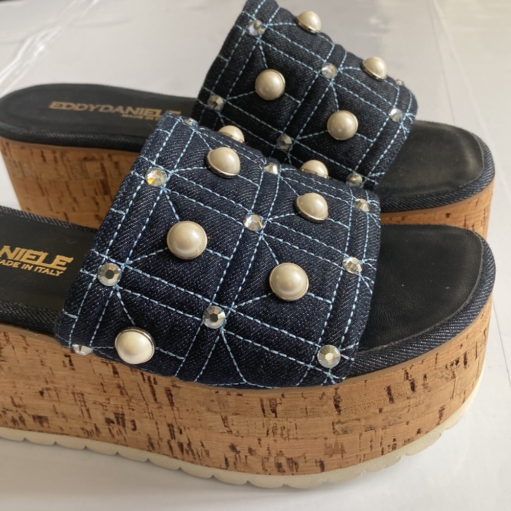 Denim Eddy Daniele Platform Sandals w Embellished Pearls Coastal Cowgirl Size 10